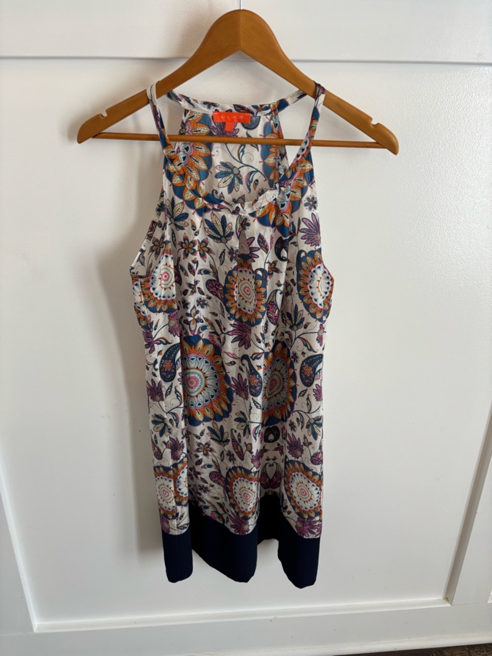 Glam White/Navy/Floral Halter Silk Mini ResortWear Vacation Dress, Sz S